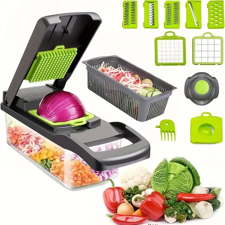 H9d84d3eb7c8a481ea5615f734ecc1c81E.webp 16PC Modern Multifunctional Push Vegetable Cutter Manual Food Chopper Stainless Steel Easy Clean Dishwasher Kitchen Accessory - Image 1
